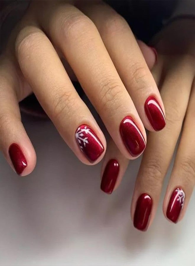 OCOUYVD 24 Pcs Christmas Red Press on Nails Short Square Fake Nails Winter Xmas False Nails White Snowflake Design Glossy False Nails Christmas Stick on Nails Christmas Acrylic Nails for Women DIY Manicure - Image 1